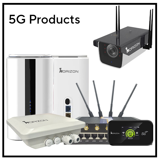 Horizon's 5G devices including HZ51 indoor router, cc5005G CCTV 5G camera, MH500C a MIFI device, IR2005G industrial 5G router, 25005G An Outdoor 5G router
