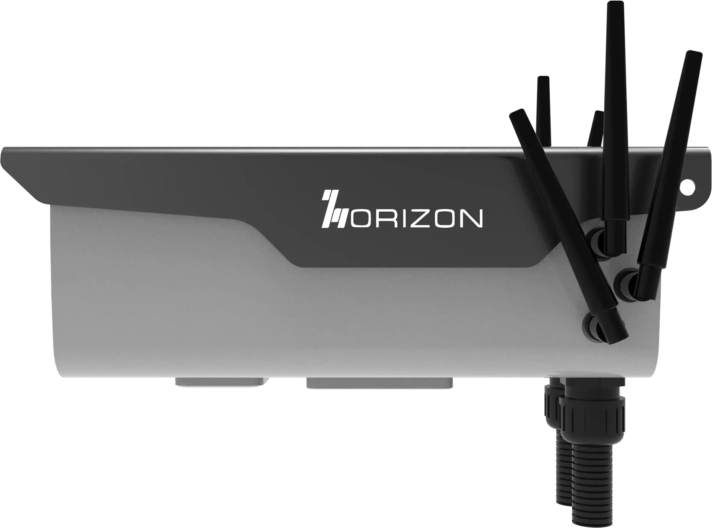 Horizon Powered CBRS CC1005G 5G LTE GSM Camera Right Side View light Gray Casing with black shade with horizon Logo, 3 Antennas for 5G, Wifi, and GPS