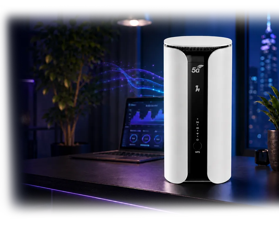 5G WiFi router on a modern smart office desk with laptop analytics dashboard and wireless data connectivity